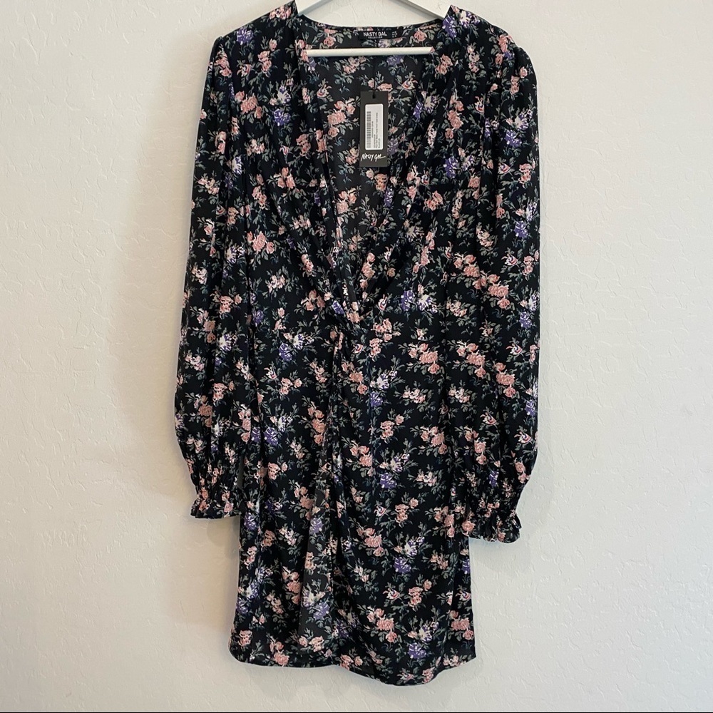 Nasty Gal Black Floral Print Twist Front Dress Size 16